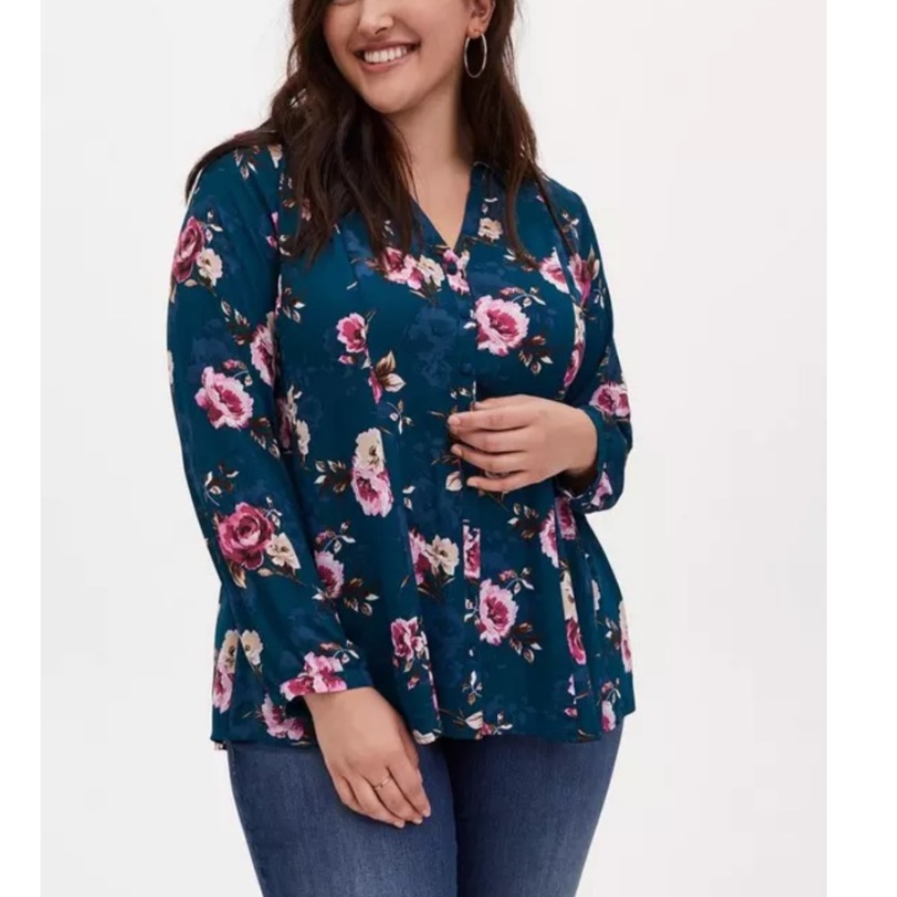 TORRID NWT Fit And Flare Georgette Blouse Floral Turquise 0698